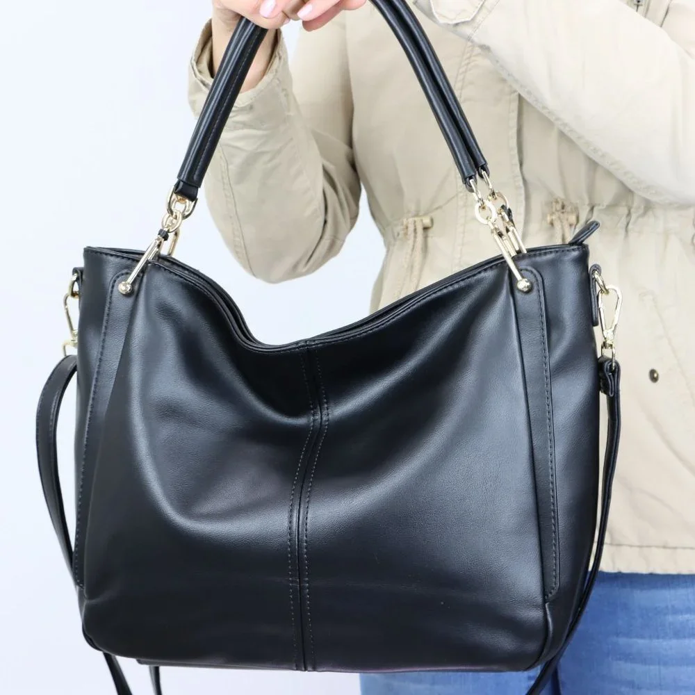 Black Faux Leather Purse and Wallet 2 in 1 Set Tote Hobo Bucket Shoulder Bag - Picture 11 of 12
